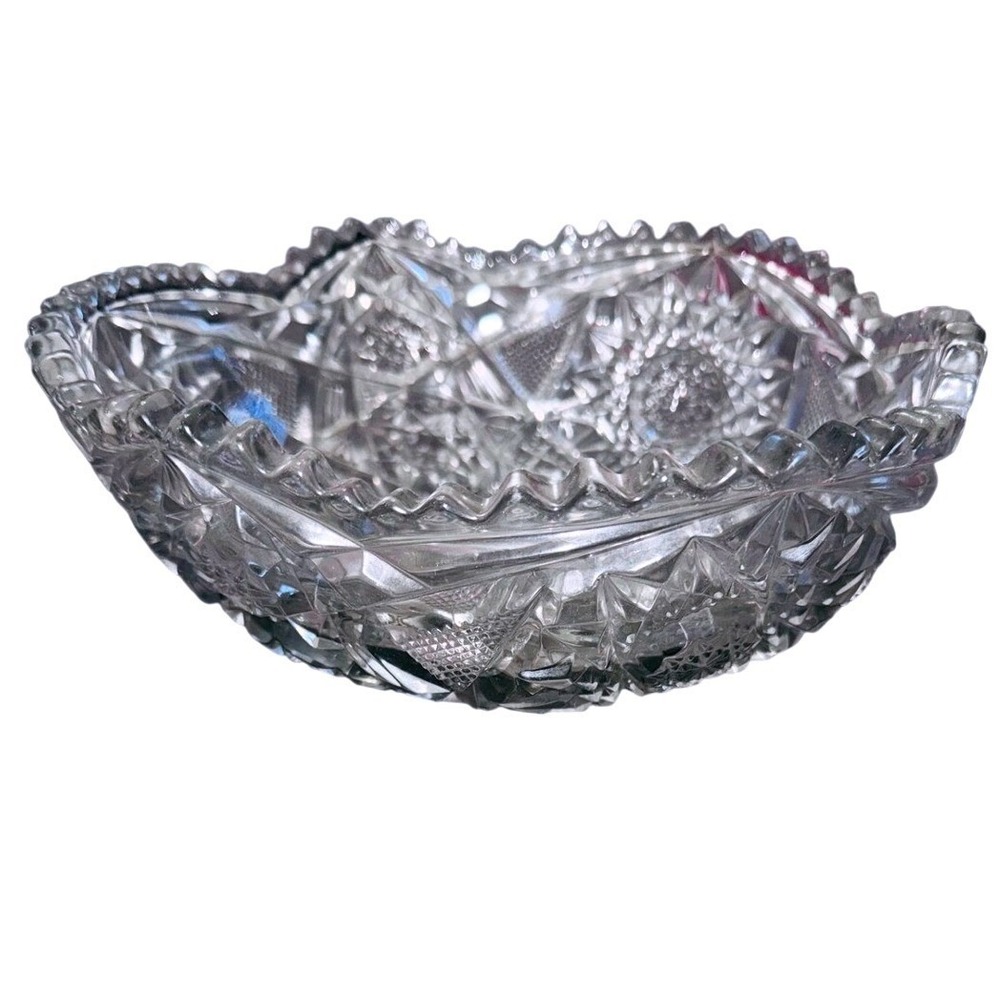 Antique Crystal Glass Bowl Hobstar Starburst Pattern Scalloped Edge Serving Dish